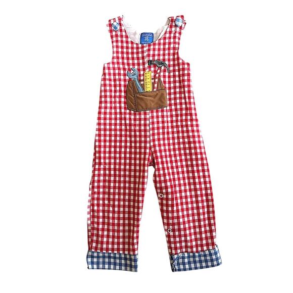Mudpie Baby Other - Mud Pie Baby Tool Box Gingham Longalls 2T/3T Red Check Construction Romper